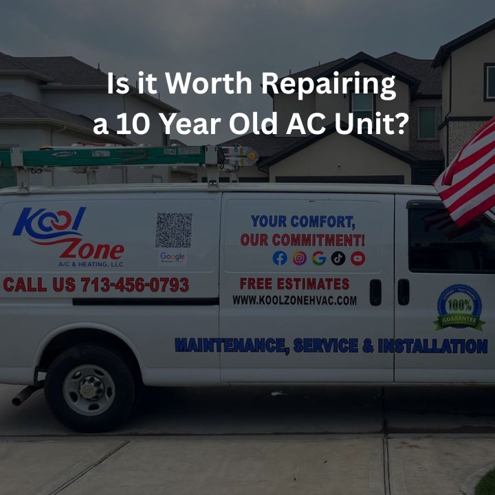 Older air conditioning unit being inspected to determine if repair is worth it after 10 years of use.