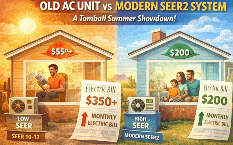 Visual comparison of two homes in Tomball, TX during summer: one with an old low-SEER AC unit showing a $350+ electric bill, and another with a modern SEER2 system and a $200 bill, set in a sun-soaked Texas landscape.