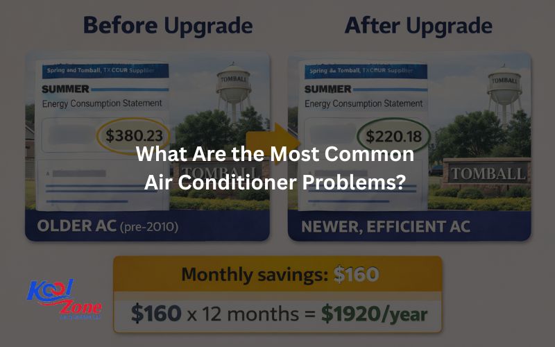 Energy bill savings after AC upgrade in Tomball, TX: $380 vs $220 with local home imagery and cost comparison.