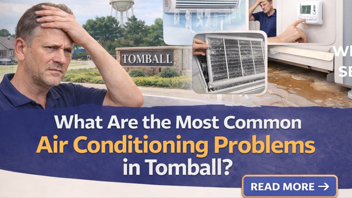 Frustrated homeowner in Tomball, TX standing beside an outdoor AC unit on a scorching 100°F summer day, with visible heat shimmer and a suburban Texas home in the background, visual emphasis on AC issues and local relevance for HVAC repair blog.