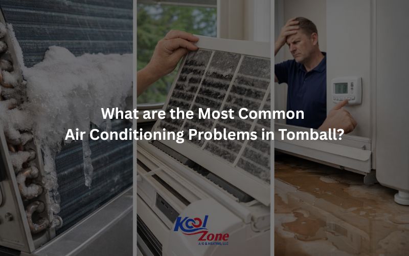 Split-screen image showing common AC issues: frozen coils with ice buildup, a clogged air filter being removed, and water pooling beneath an indoor unit. In the background, a concerned Tomball, TX homeowner checks a thermostat on a hot summer day.