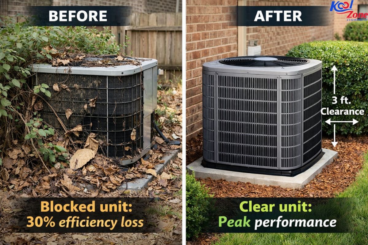 Outdoor AC unit before and after cleaning showing blocked airflow versus proper clearance for better efficiency in Tomball TX
