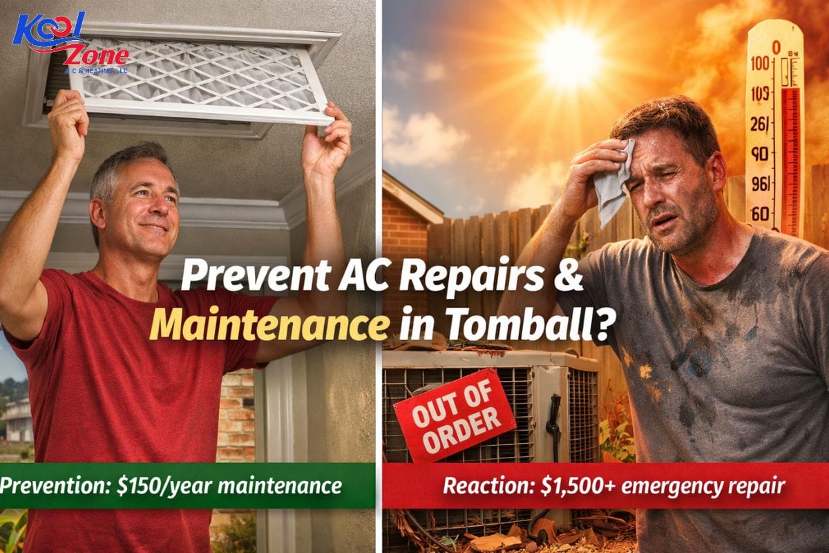 AC maintenance vs emergency AC repair in Tomball TX showing homeowner replacing air filter versus broken air conditioner in summer