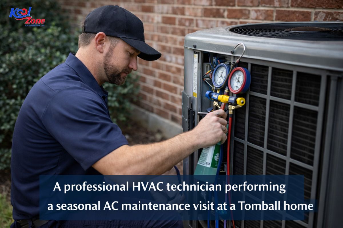 A professional HVAC technician performing a seasonal AC maintenance visit at a Tomball home, inspecting coils, checking refrigerant levels, and ensuring the system runs efficiently all summer long.