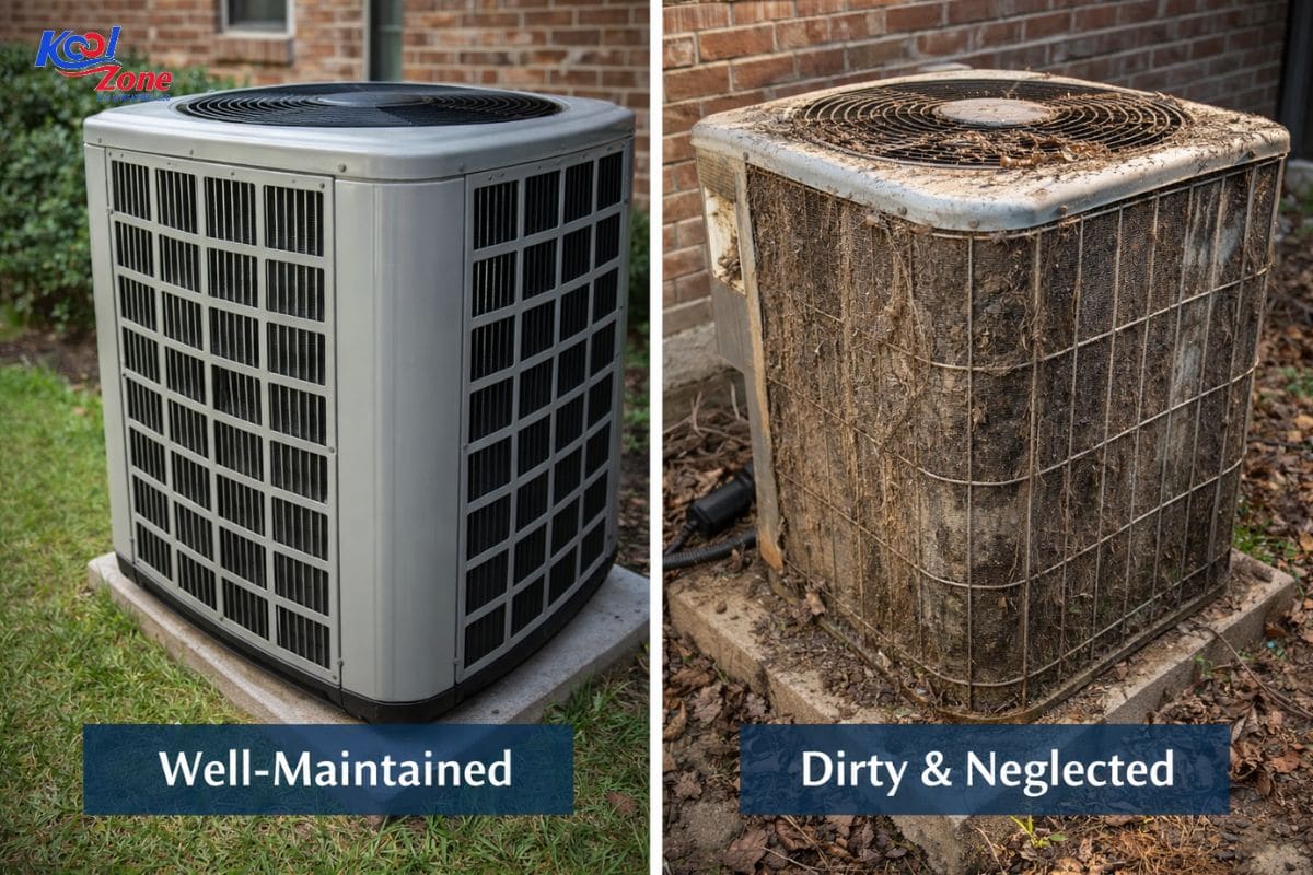 A side-by-side comparison of a well-maintained AC system versus a dirty, neglected unit - showing Tomball homeowners why routine HVAC maintenance prevents costly air conditioning repairs.