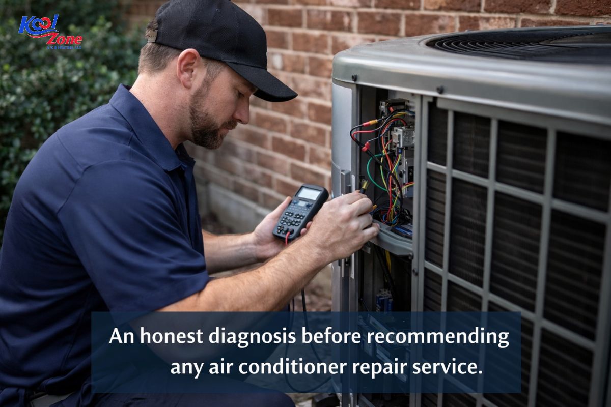 A certified HVAC technician inspecting a residential outdoor AC condenser unit in Tomball, TX, providing an honest diagnosis before recommending any air conditioner repair service.